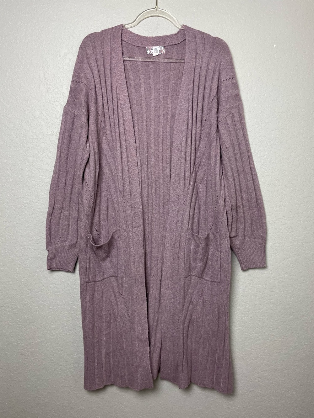 Pink Rose Ribbed Open-Front Cardigan - Dusty Mauve Size M